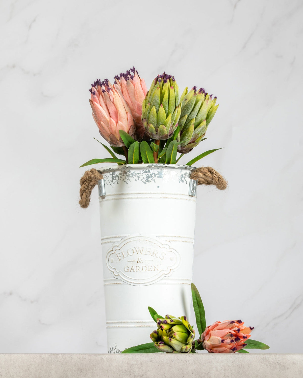 Prestige Botanicals Artificial Mink Magnolia Stems in a small white tin vase