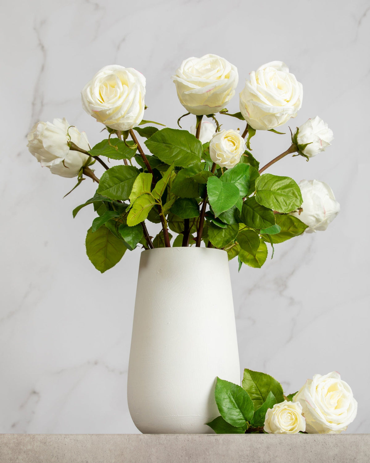 Prestige Botanicals Artificial White Duchess Rose Buds and full bloom white roses in a white vase
