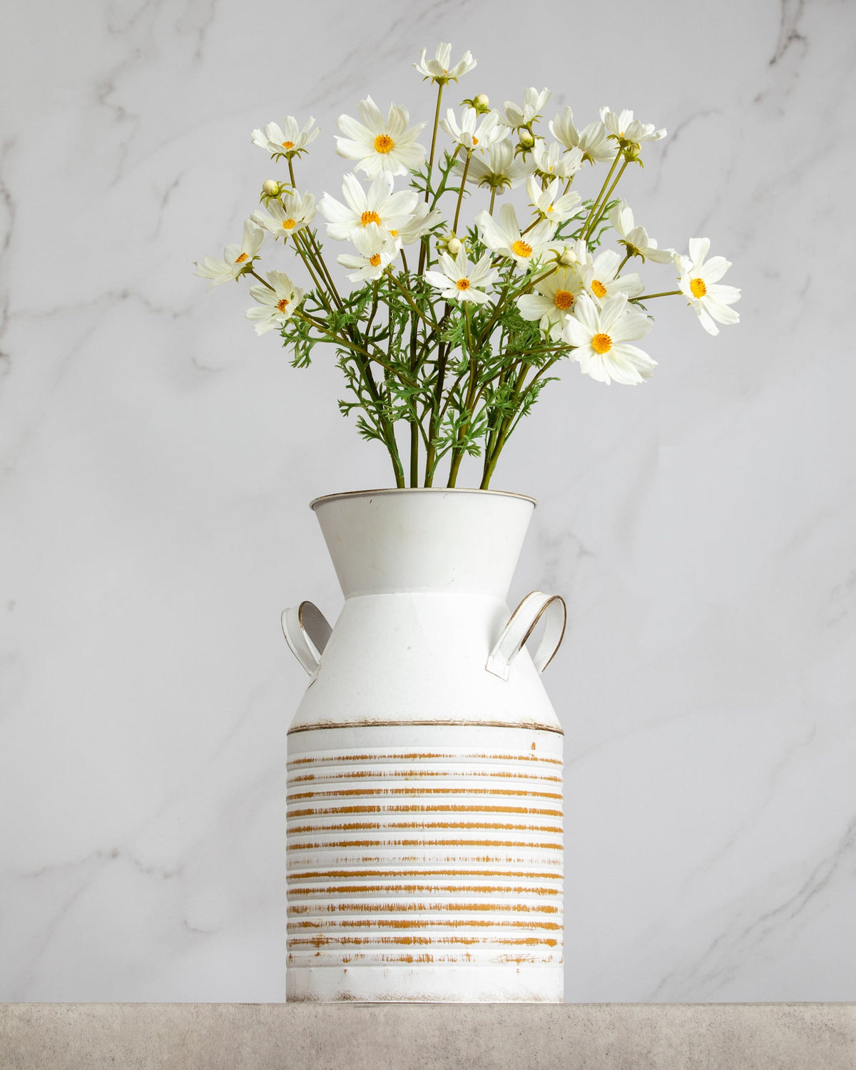 Prestige Botanicals Artificial White Cosmos Flowers in a white tin vase