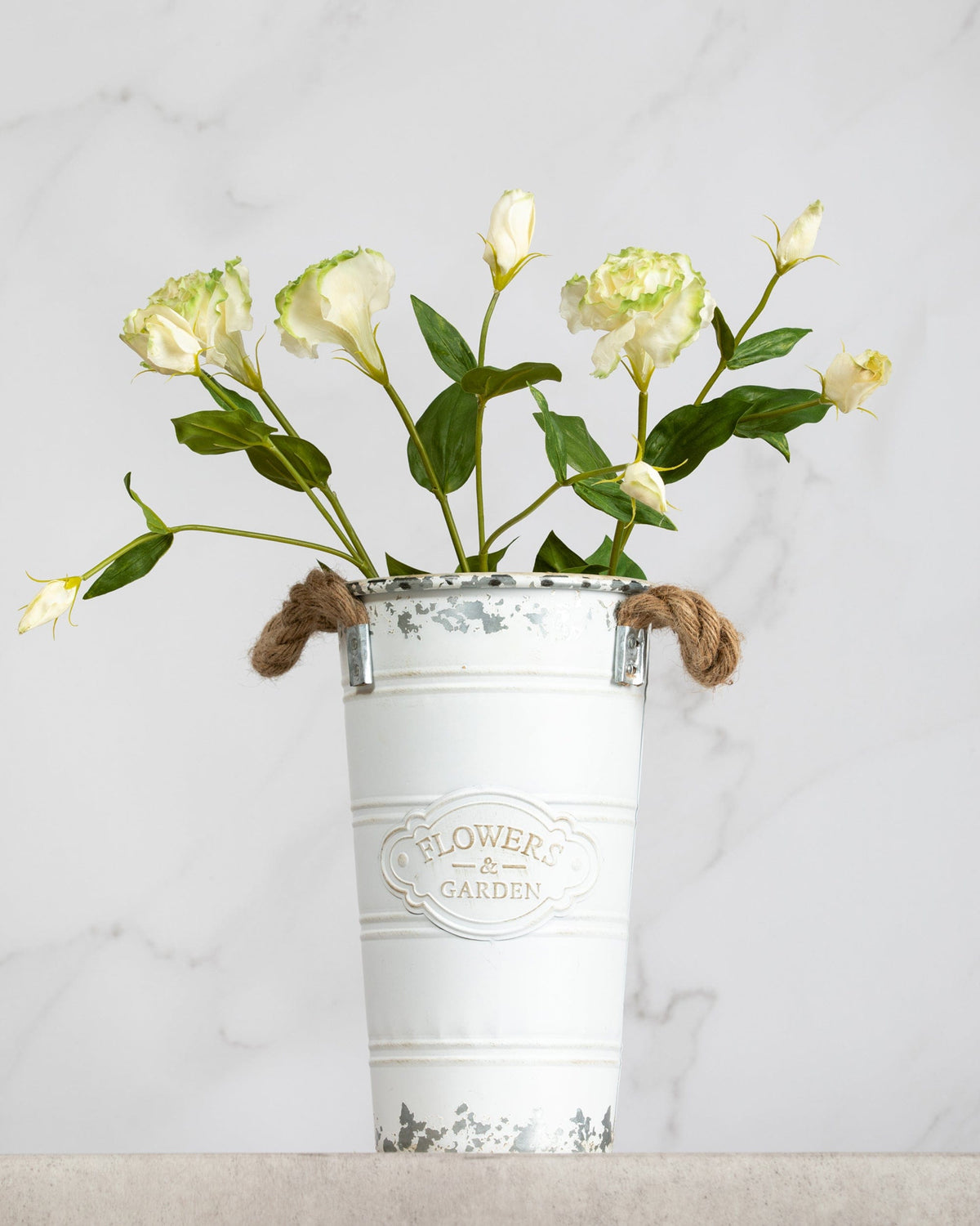 Prestige Botanicals Artificial White and Green Lisianthus stems in a white tin vase